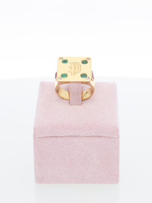 Anello Chevalier in Oro Giallo 18 kt con Brillanti, Smeraldi e Rubini