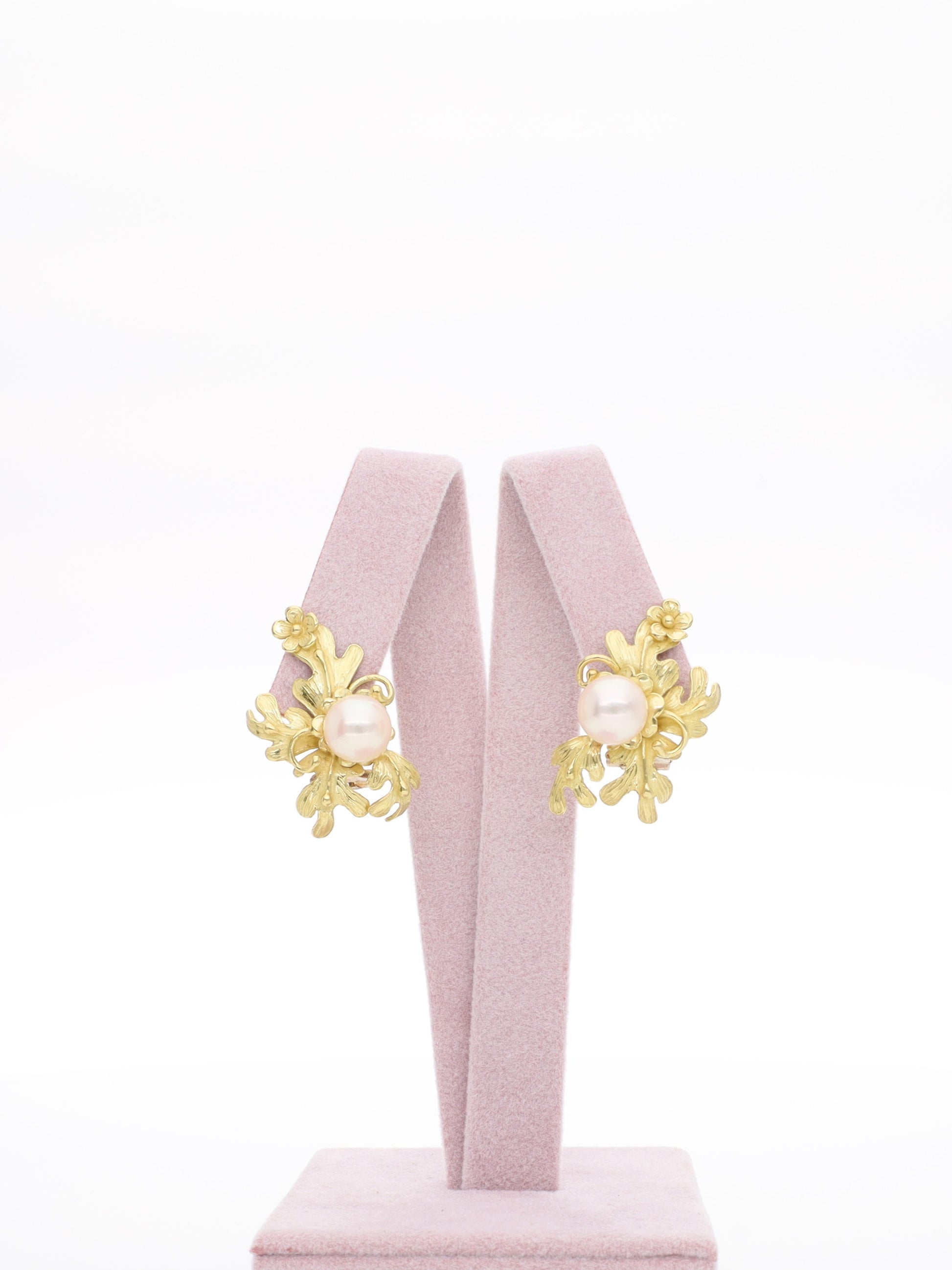 Orecchini Vintage in Oro Giallo 18 kt a Foglia con Perla