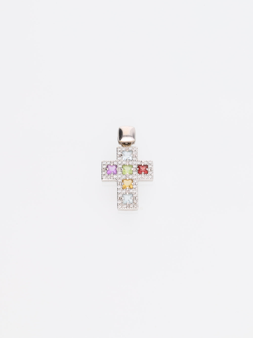 Ciondolo croce oro bianco 18kt con diamanti e pietre colorate