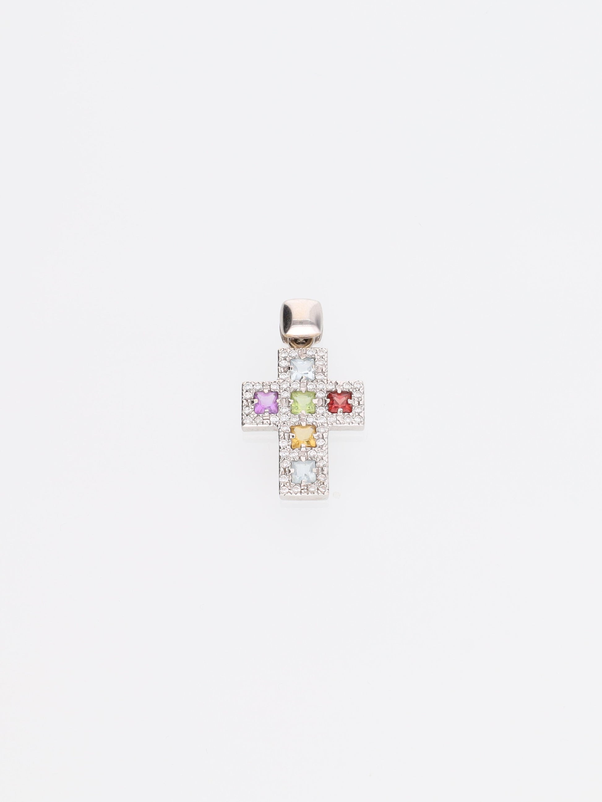 Ciondolo croce oro bianco 18kt con diamanti e pietre colorate
