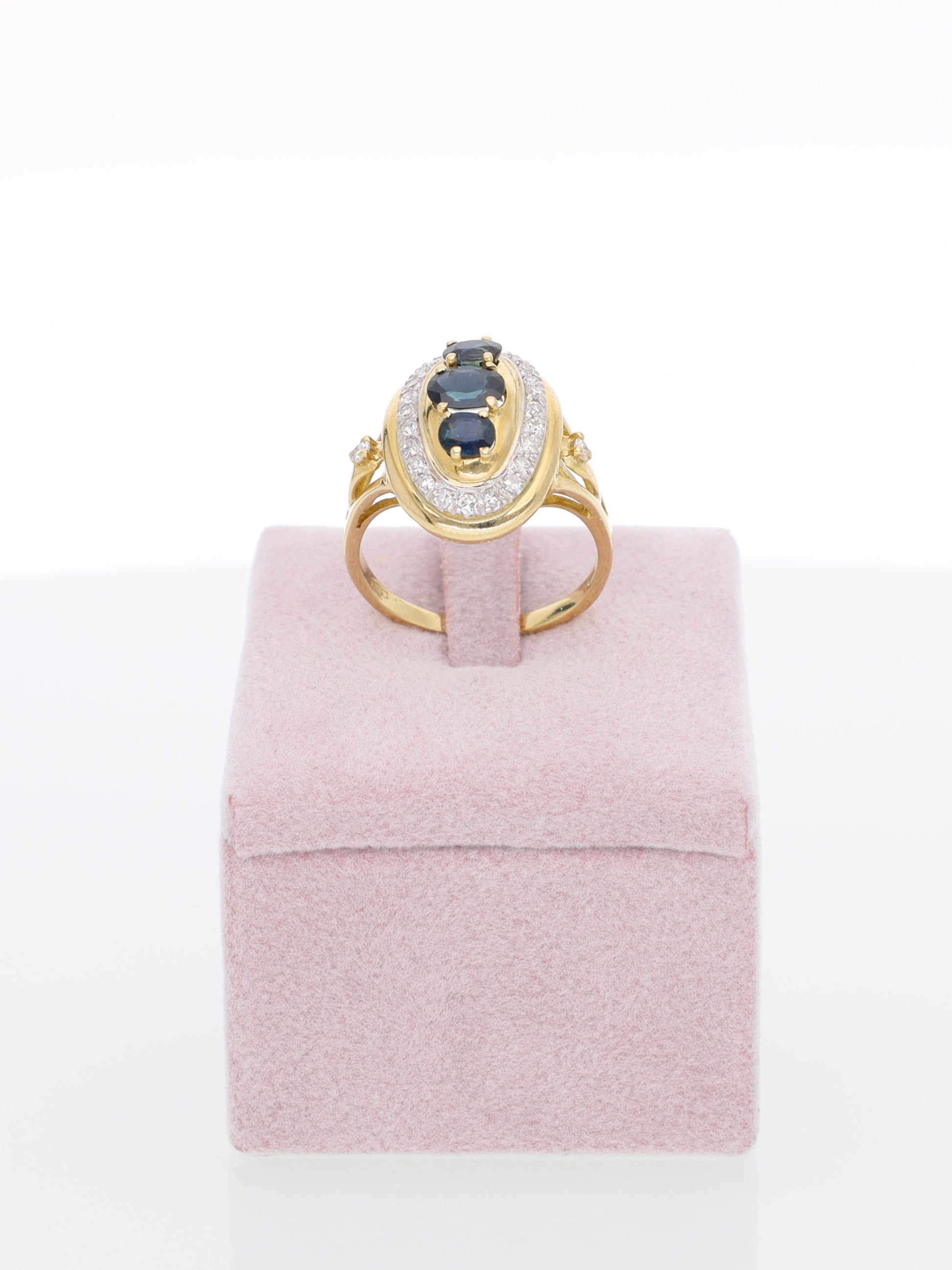 Anello in Oro Giallo 18 kt Vintage con Zaffiri e Corona di Diamanti