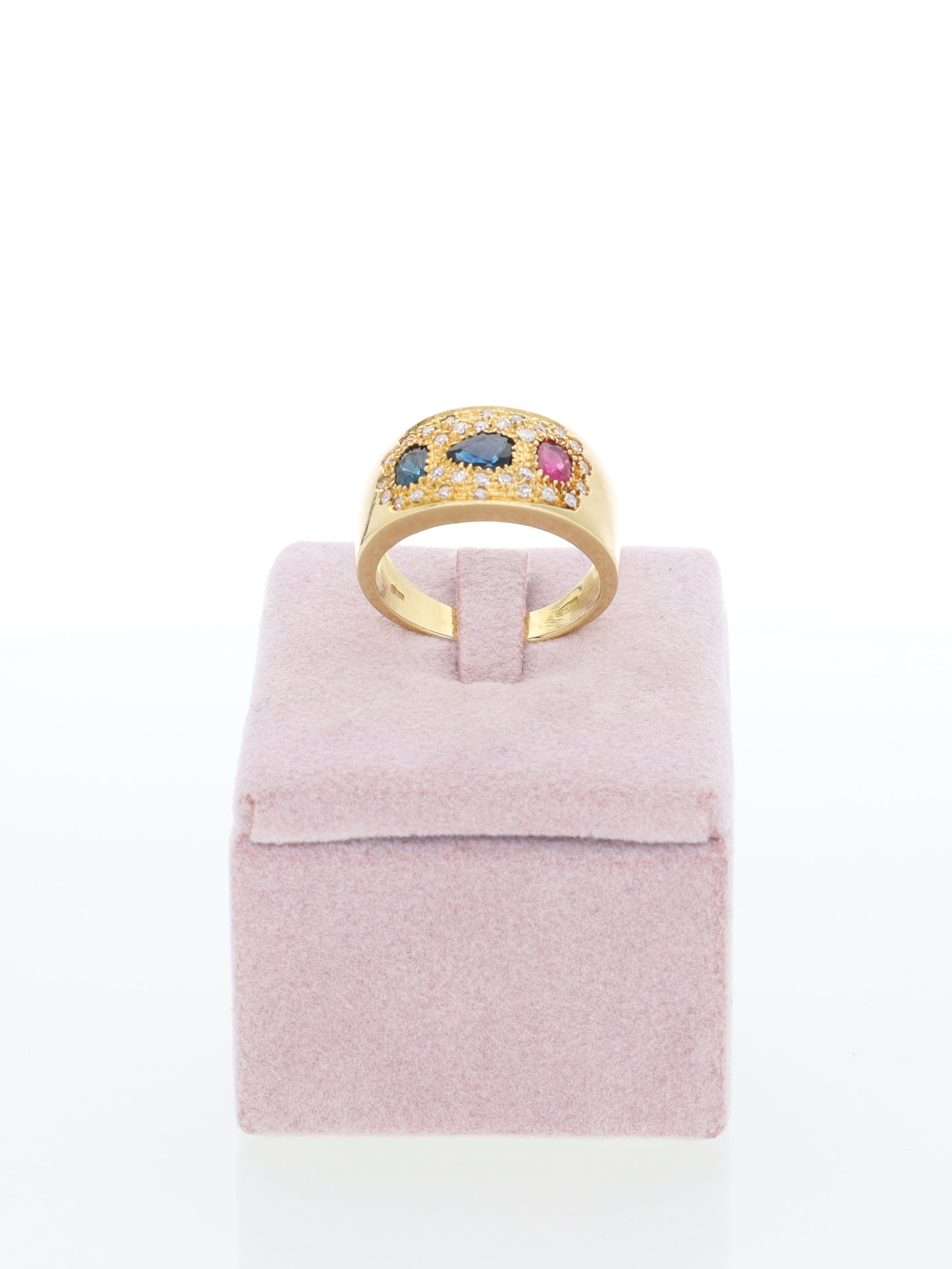 Anello a fascia in Oro Giallo 18kt con Zaffiri, Rubino e Diamanti