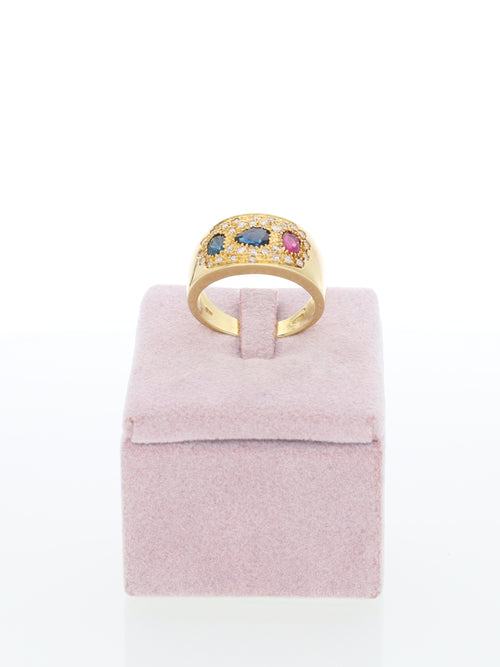 Anello a fascia in Oro Giallo 18kt con Zaffiri, Rubino e Diamanti