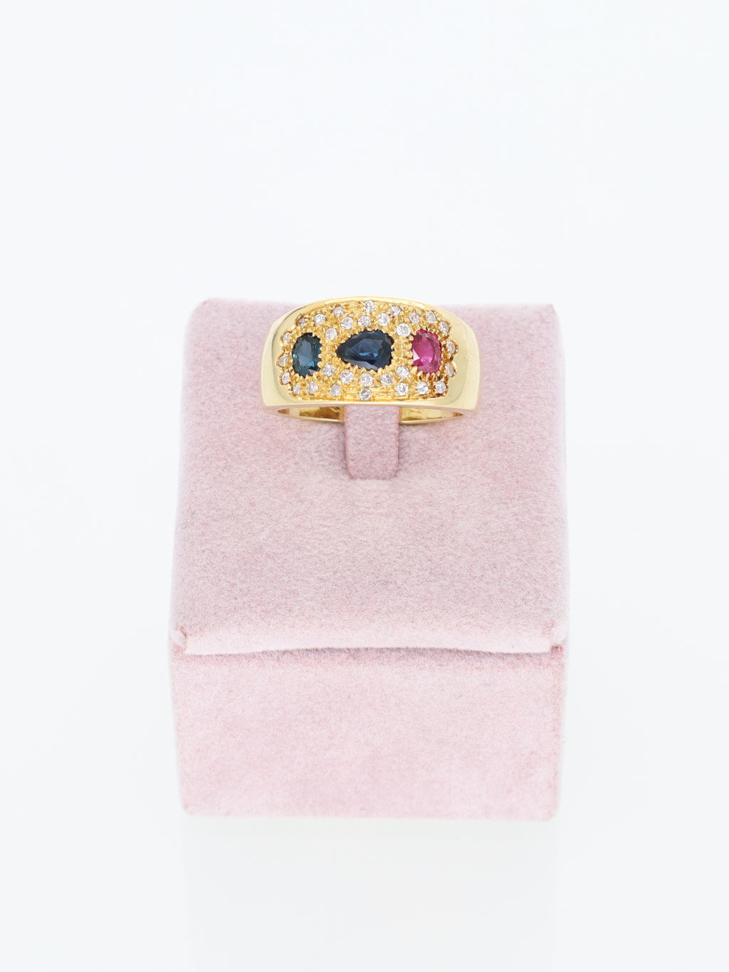 Anello a fascia in Oro Giallo 18kt con Zaffiri, Rubino e Diamanti