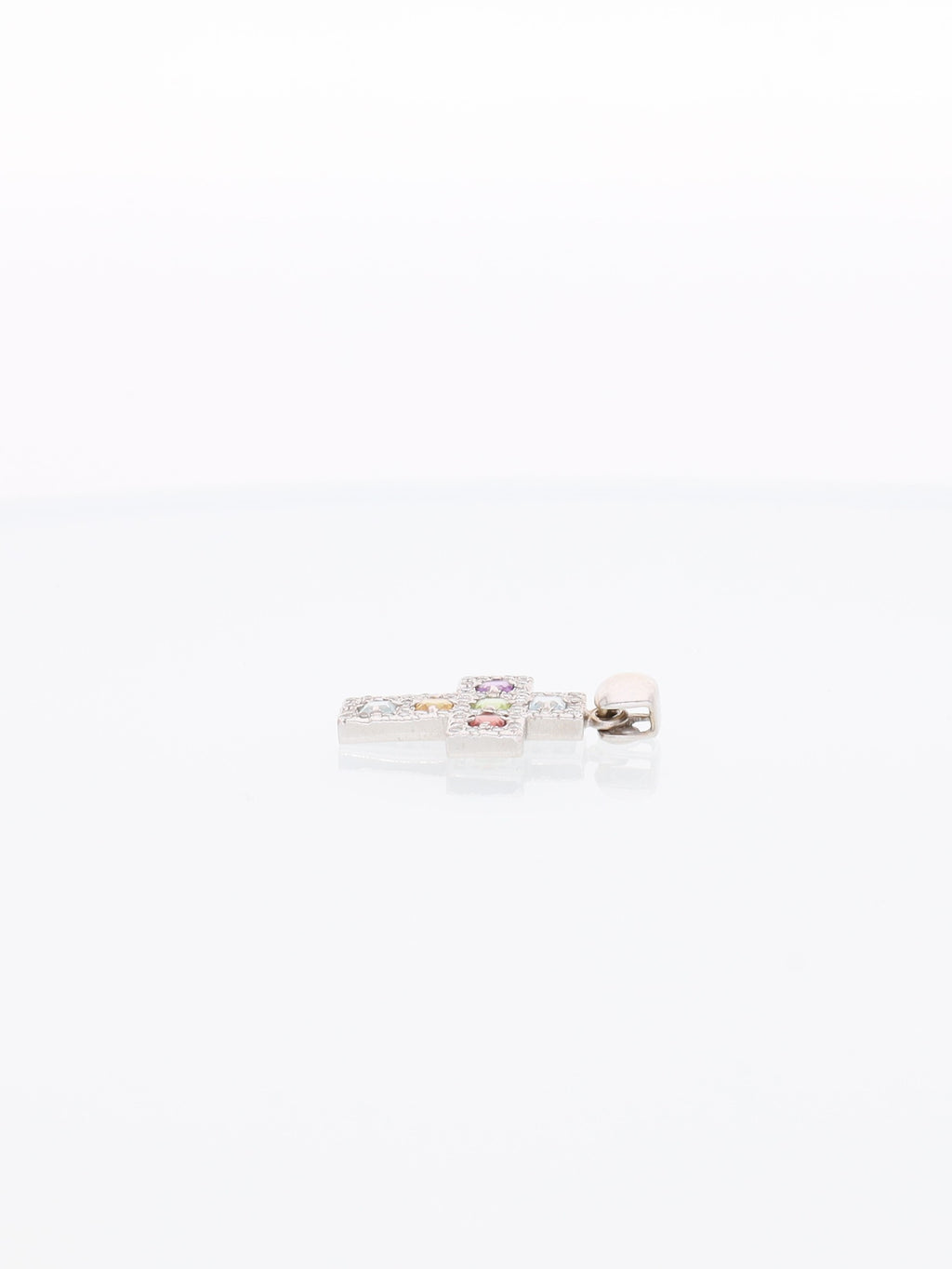 Ciondolo croce oro bianco 18kt con diamanti e pietre colorate