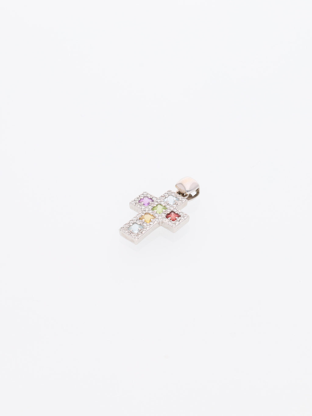 Ciondolo croce oro bianco 18kt con diamanti e pietre colorate